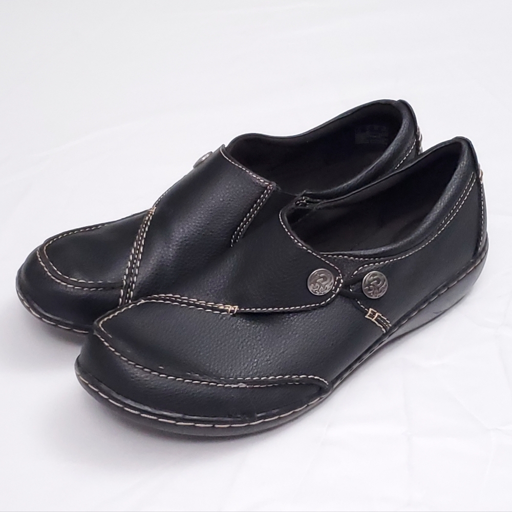 Clarks Women's Ashland Lane Q Black Leather Slip On Loafers Shoes Flats Size 9M